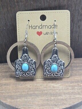 NWT Floral Cattle Tag Faux Turquoise Earrings Western Country Cowgirl Handmade